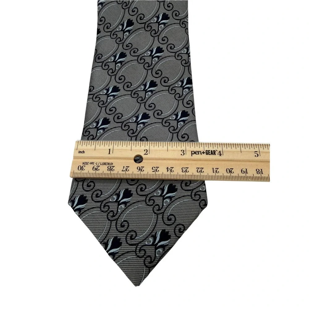 Jos. A. Bank Signature Collection Silver Navy Blue Scroll Floral Silk Tie (TA26)